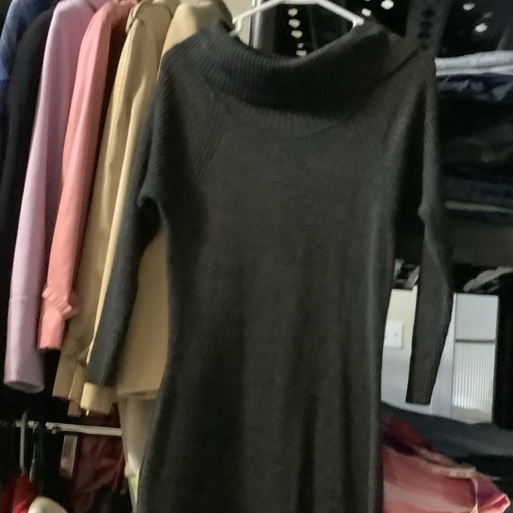 Elegant Dark Gray Turtleneck Sweater Dress, wool blend‎